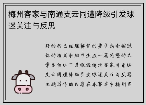 梅州客家与南通支云同遭降级引发球迷关注与反思